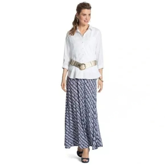 Chico's Maxi Flowy Tribal Blue White Print Skirt - Picture 3 of 13